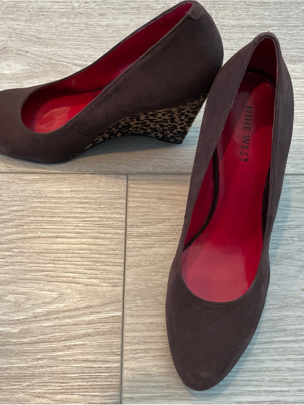 Nine West Brown Suede Wedges (6.5) with Leopard-Print Heel